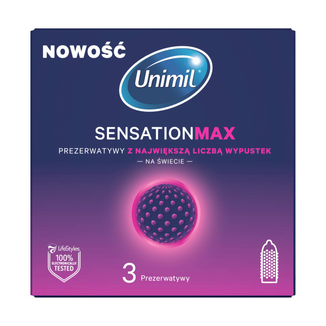 Unimil Sensation Max, prezerwatywy lateksowe z wypustkami, 3 sztuki - zdjęcie produktu