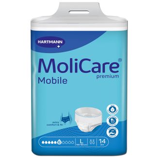 MoliCare Premium Mobile, pieluchomajtki, rozmiar L, 100-150 cm, 6 kropli, 14 sztuk - zdjęcie produktu