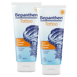 Zestaw Bepanthen Tattoo, krem przeciwsłoneczny do wytatuowanej skóry, SPF 50+, 2 x 50 ml - zdjęcie produktu