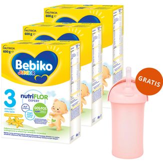 Zestaw Bebiko Junior 3 Nutriflor Expert, odżywcza formuła na bazie mleka, powyżej 1 roku, smak waniliowy, 3 x 600 g + Boon, bidon ze słomką Swig, 265 ml gratis - zdjęcie produktu