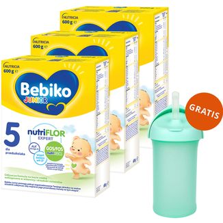 Zestaw Bebiko Junior 5 Nutriflor Expert, odżywcza formuła na bazie mleka, dla przedszkolaka, 3 x 600 g + Boon, bidon ze słomką Swig, 265 ml gratis - zdjęcie produktu