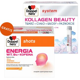 Doppelherz System Kollagen Beauty, smak liczi i melona, 25 ml x 30 ampułek + Shot Energia, wit. B12 + kofeina, 25 ml x 20 ampułek gratis - zdjęcie produktu