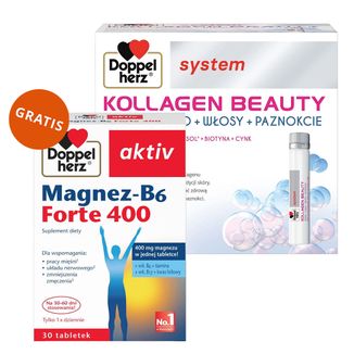 Doppelherz System Kollagen Beauty, smak liczi i melona, 25 ml x 30 ampułek + Magnez-B6 Forte 400, 30 tabletek gratis - zdjęcie produktu