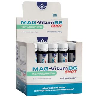 Oleofarm Mag-Vitum B6 Ashwagandha, shot, smak pomarańczowy, 25 ml x 20 fiolek USZKODZONE OPAKOWANIE - zdjęcie produktu