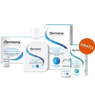Zestaw Dermena Hair Care, szampon zapobiegający wypadaniu włosów, 200 ml + kuracja hamująca wypadanie włosów, 5 ml x 15 ampułek + serum stymulujące odrastanie włosów, 50 ml gratis - zdjęcie produktu