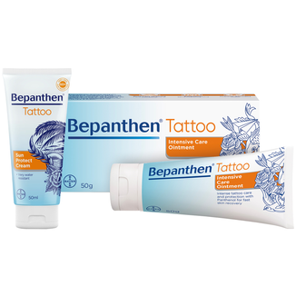 Zestaw Bepanthen Tattoo, maść do pielęgnacji tatuażu, 50 g + krem przeciwsłoneczny do wytatuowanej skóry, SPF 50+, 50 ml - zdjęcie produktu