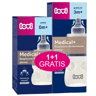 Lovi Medical+, butelka antykolkowa ze smoczkiem dynamicznym, wolny, od 3 miesiąca, 250 ml + butelka antykolkowa ze smoczkiem dynamicznym, mini, od urodzenia, 150 ml gratis - zdjęcie produktu
