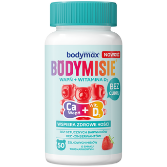 Bodymax Bodymisie Wapń + Vit D, żelki dla dzieci od 3 lat i dorosłych, smak truskawkowy, 50 sztuk - zdjęcie produktu