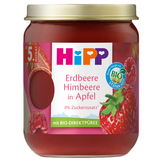 HiPP Owoce Bio, jabłka z truskawkami i malinami, od 5 miesiąca, 160 g - zdjęcie produktu