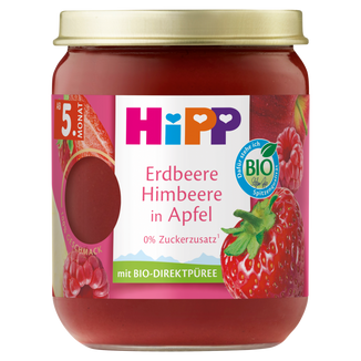 HiPP BIO od pokoleń, jabłka z truskawkami i malinami, od 5 miesiąca, 160 g - zdjęcie produktu