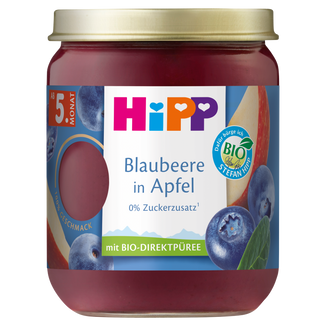 HiPP Owoce Bio, jabłka z jagodami, po 5 miesiącu, 160 g - zdjęcie produktu
