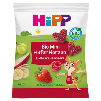 HiPP Serduszka owsiane Bio, ciasteczka owocowo-zbożowe, truskawki-maliny, od 3 lat, 40 g - zdjęcie produktu