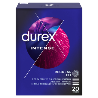 Durex Intense, prezerwatywy z żelem stymulującym, prążkowane z wypustkami, 20 sztuk - zdjęcie produktu