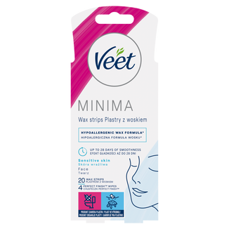 Veet Minima, plastry z woskiem do depilacji twarzy, skóra wrażliwa, 20 sztuk - zdjęcie produktu