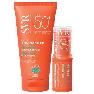 Zestaw SVR Sun Secure Blur, brzoskwiniowy mus przeciwsłoneczny, SPF 50+, 50 ml + żelowy sztyft ochronny, SPF 50+, 10 g - zdjęcie produktu