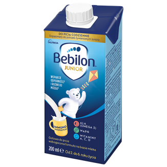 Bebilon Junior do picia, wzbogacona formuła na bazie mleka dla dzieci 2-6 lat, 200 ml Bebilon Junior do picia, wzbogacona formuła na bazie mleka dla dzieci 2-6 lat, 200 ml - zdjęcie produktu