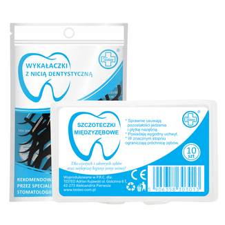 Zestaw Testeo, wykałaczki z nicią dentystyczną, czarne, 50 sztuk + szczoteczki międzyzębowe, żółte, 0,7 mm, 10 sztuk - zdjęcie produktu