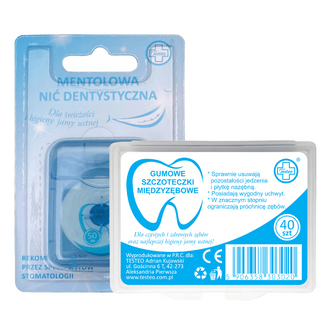 Zestaw Testeo, nić dentystyczna woskowana, mentolowa, 50 m + szczoteczki międzyzębowe, gumowe, 0,8-1,0 mm, 40 sztuk - zdjęcie produktu