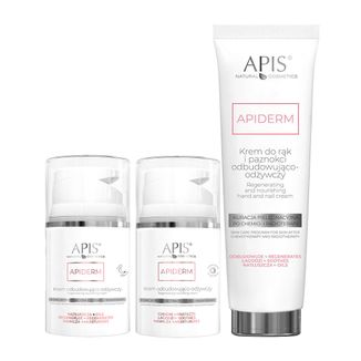 Zestaw Apiderm, krem odbudowująco-odżywczy krem na noc, kuracja pielęgnacyjna po chemio- i radioterapii, 50 ml + krem na dzień, 50 ml + krem do rąk i paznokci, 100 ml - zdjęcie produktu
