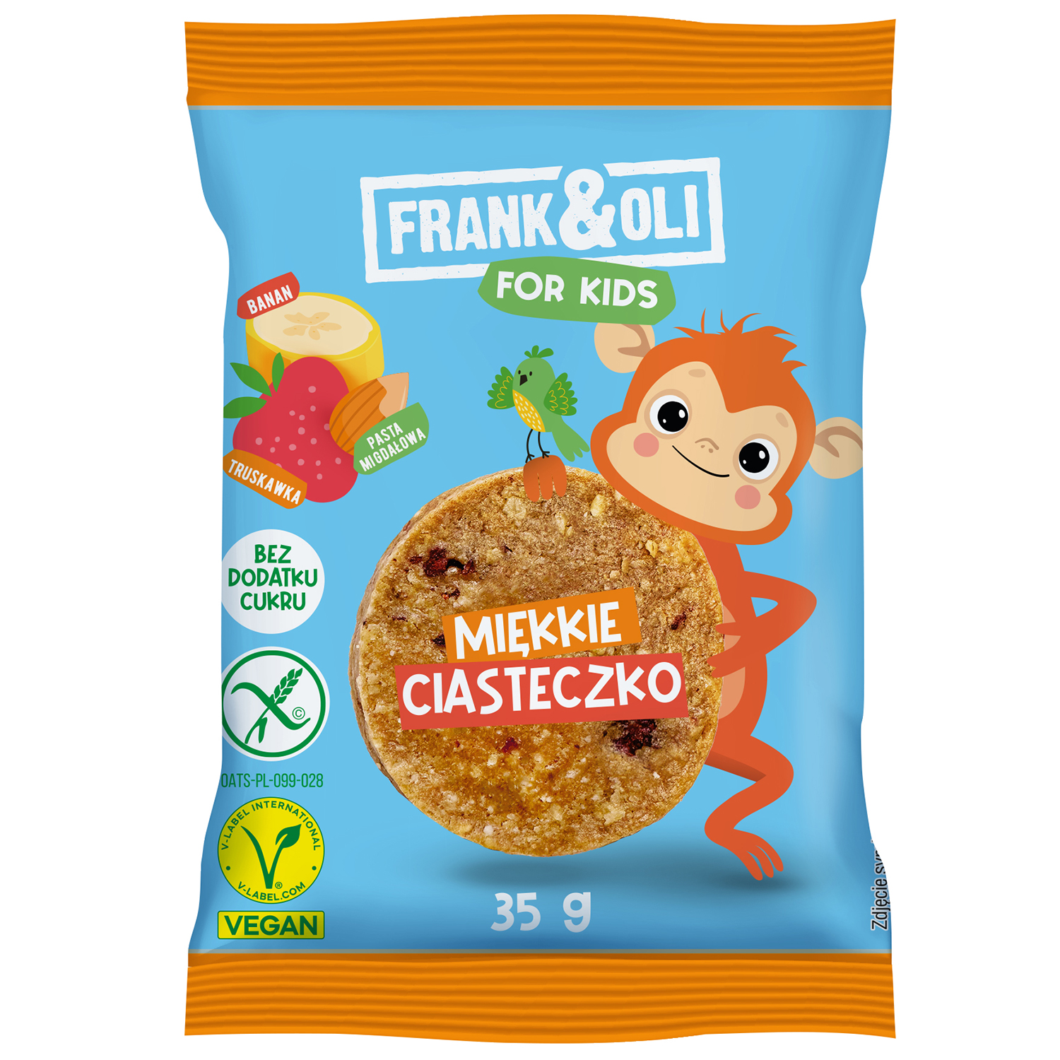 Nieznana Frank&Oli For Kids, miękkie ciasteczko, pasta migdałowa, banan i truskawka, 35 g
