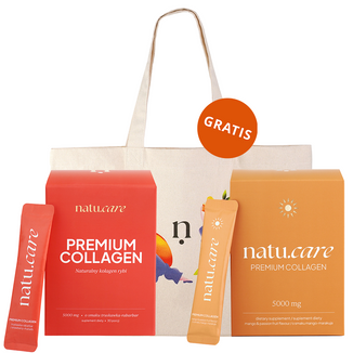 Zestaw Natu.Care Premium Collagen 5000 mg, smak truskawka-rabarbar, 30 saszetek + smak mango-marakuja, 30 saszetek + torba gratis - zdjęcie produktu