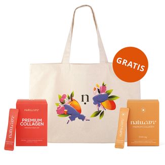 Zestaw Natu.Care Premium Collagen 5000 mg, smak truskawka-rabarbar, 30 saszetek + smak mango-marakuja, 30 saszetek + torba gratis - zdjęcie produktu