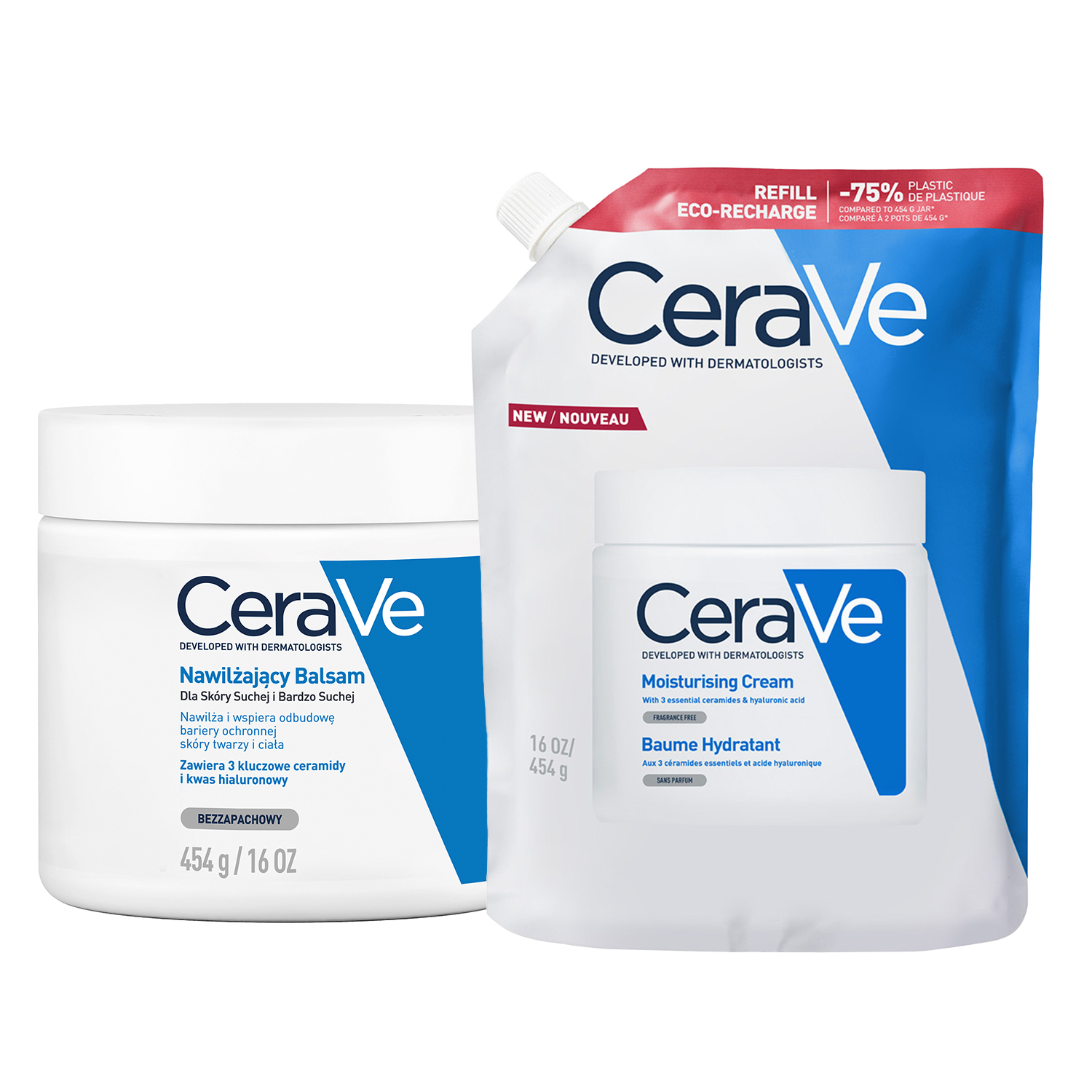 Cerave Zestaw CeraVe, balsam nawilżający do twarzy i ciała z ceramidami, skóra sucha i bardzo sucha, 454 g + zapas, 454 g