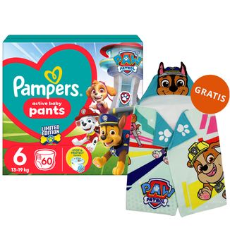 Pampers Pants, pieluchomajtki, Psi Patrol, rozmiar 6, 14-19 kg, 60 sztuk + Ręcznik-pelerynka Psi Patrol gratis - zdjęcie produktu