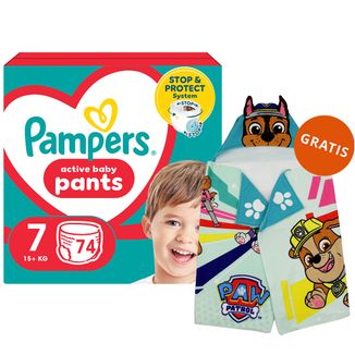 Pampers Pants, pieluchomajtki, rozmiar 7, 17+ kg, 74 sztuki + Ręcznik-pelerynka Psi Patrol gratis - zdjęcie produktu