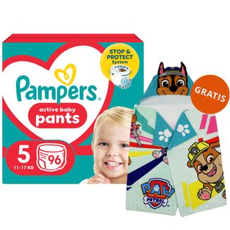 Pampers Pants, pieluchomajtki, rozmiar 5, 12-17 kg, 96 sztuk + Ręcznik-pelerynka Psi Patrol gratis - zdjęcie produktu