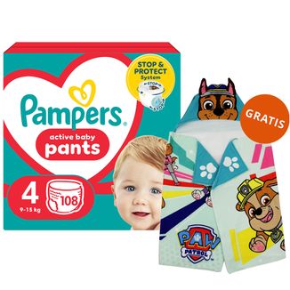 Pampers Pants, pieluchomajtki, rozmiar 4, 9-15 kg, 108 sztuk + Ręcznik-pelerynka Psi Patrol gratis - zdjęcie produktu