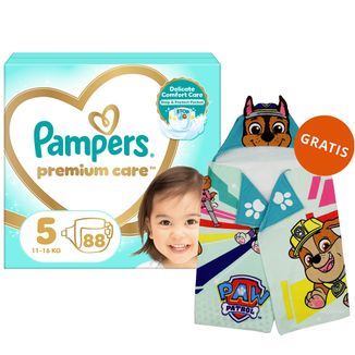 Pampers Premium Care, pieluchy rozmiar 5, 11-16 kg, 88 sztuk + Ręcznik-pelerynka Psi Patrol gratis - zdjęcie produktu