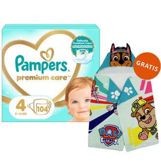 Pampers Premium Care, pieluchy rozmiar 4, 9-14 kg, 104 sztuki + Ręcznik-pelerynka Psi Patrol gratis - zdjęcie produktu