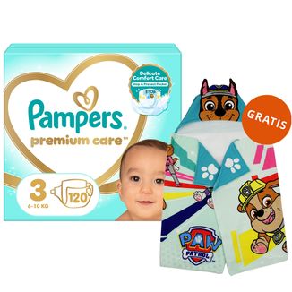 Pampers Premium Care, pieluchy, rozmiar 3, 6-10 kg, 120 sztuk + Ręcznik-pelerynka Psi Patrol gratis - zdjęcie produktu