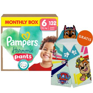 Pampers Harmonie Pants, pieluchomajtki, rozmiar 6, 15 kg+, 132 sztuki + Ręcznik-pelerynka Psi Patrol gratis - zdjęcie produktu