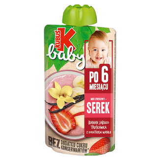 Kubuś Baby Mus + Serek, banan, jabłko, truskawka z dodatkiem wanilii, po 6 miesiącu, 100 g KRÓTKA DATA - zdjęcie produktu