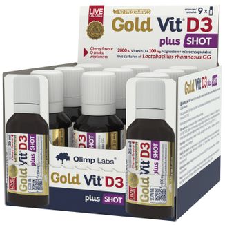 Olimp Gold-Vit D3 Plus Shot, szklana ampułka, smak wiśniowy, 9 x 25 ml USZKODZONE OPAKOWANIE - zdjęcie produktu