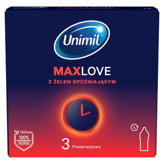 Unimil Max Love, prezerwatywy z żelem opóźniającym moment wytrysku, 3 sztuki - zdjęcie produktu
