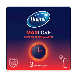 Unimil Max Love, prezerwatywy z żelem opóźniającym moment wytrysku, 3 sztuki - zdjęcie produktu