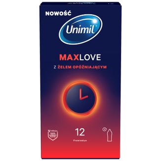 Unimil Max Love, prezerwatywy z żelem opóźniającym moment wytrysku, 12 sztuk - zdjęcie produktu