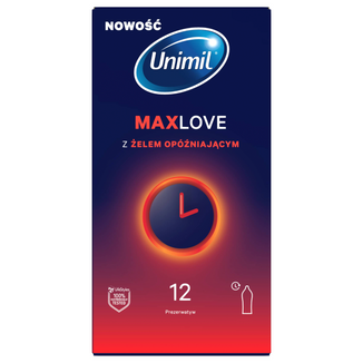 Unimil Max Love, prezerwatywy z żelem opóźniającym moment wytrysku, 12 sztuk - zdjęcie produktu