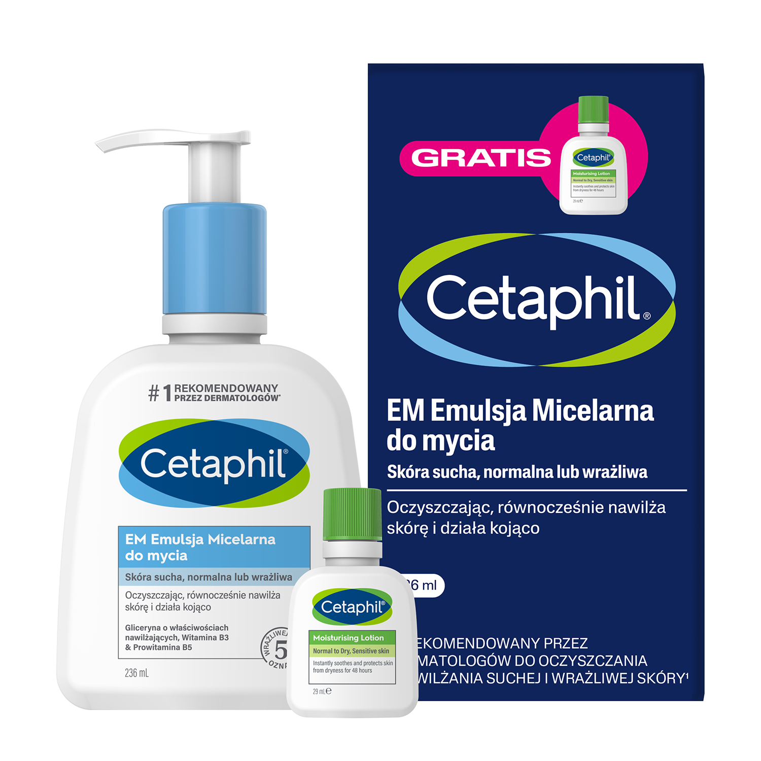 Cetaphil Cetaphil EM, emulsja micelarna do mycia, 236 ml + Cetaphil MD Dermoprotektor, balsam do twarzy i ciała, mini produkt, 29 ml gratis