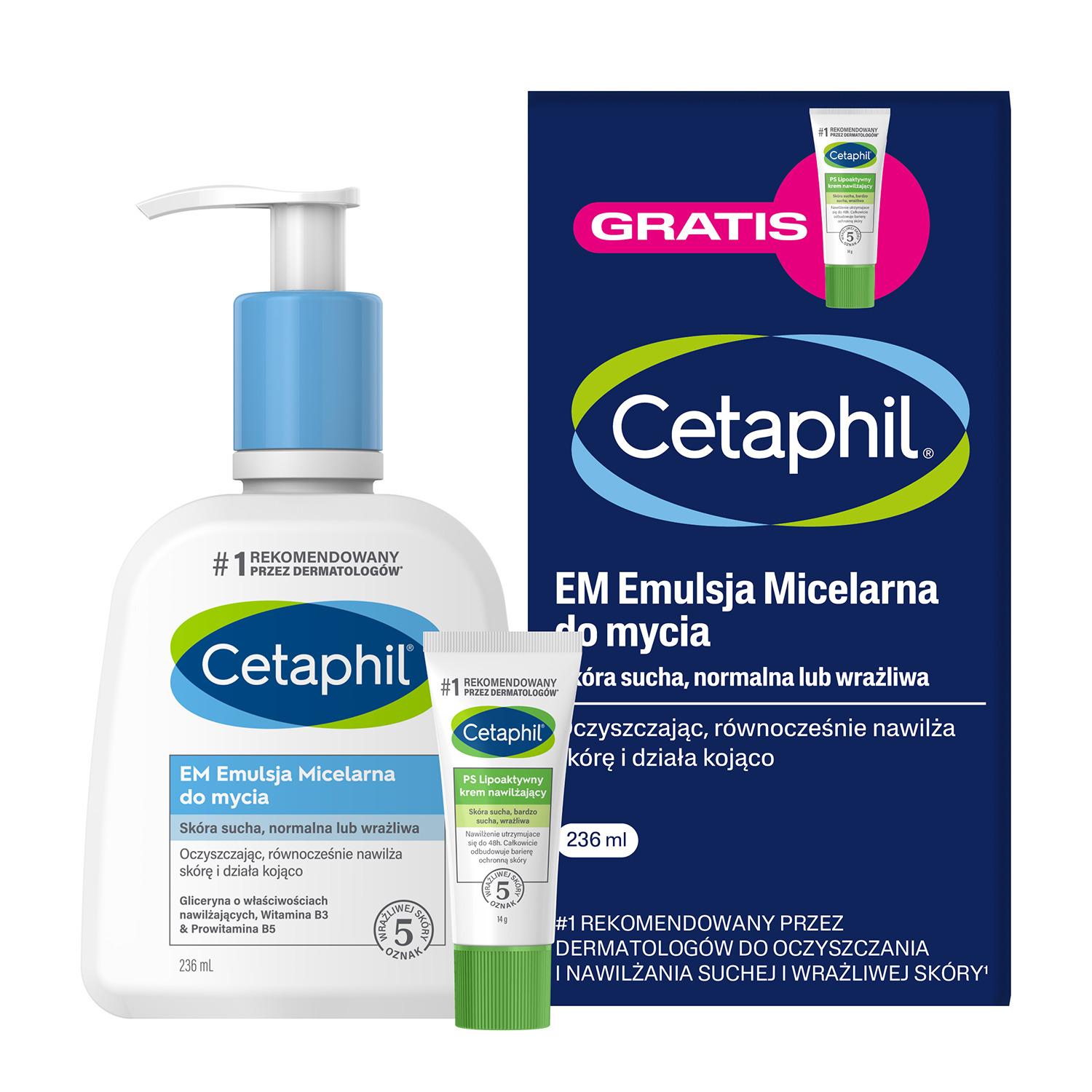 Cetaphil Cetaphil EM, emulsja micelarna do mycia, 236 ml + Cetaphil PS, lipoaktywny krem nawilżający, mini produkt, 14 g gratis