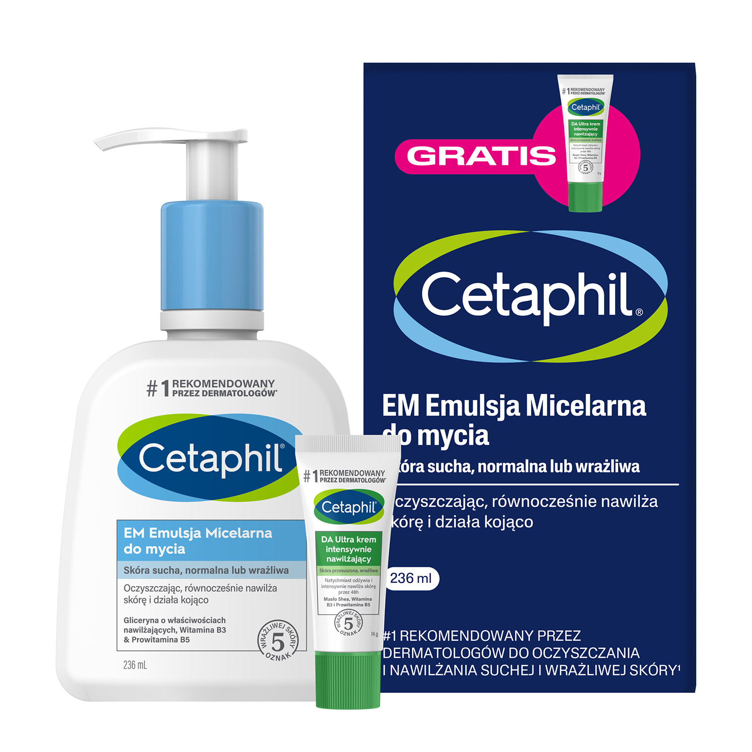 Cetaphil Cetaphil EM, emulsja micelarna do mycia, 236 ml + Cetaphil DA Ultra, krem intensywnie nawilżający, mini produkt, 14 g gratis
