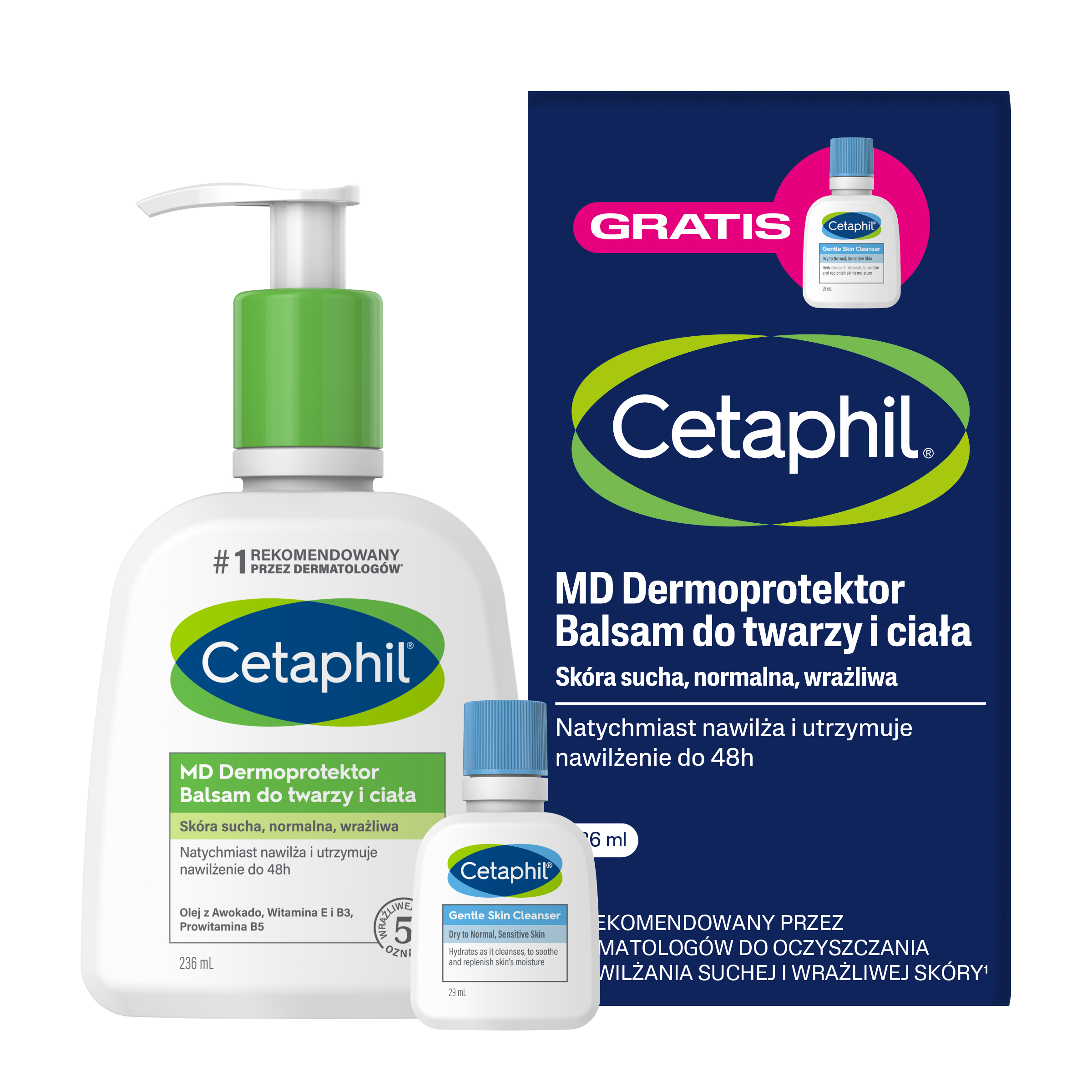 Cetaphil Cetaphil MD Dermoprotektor, balsam do twarzy i ciała, 236 ml + Cetaphil EM, emulsja micelarna do mycia, mini produkt, 29 ml gratis