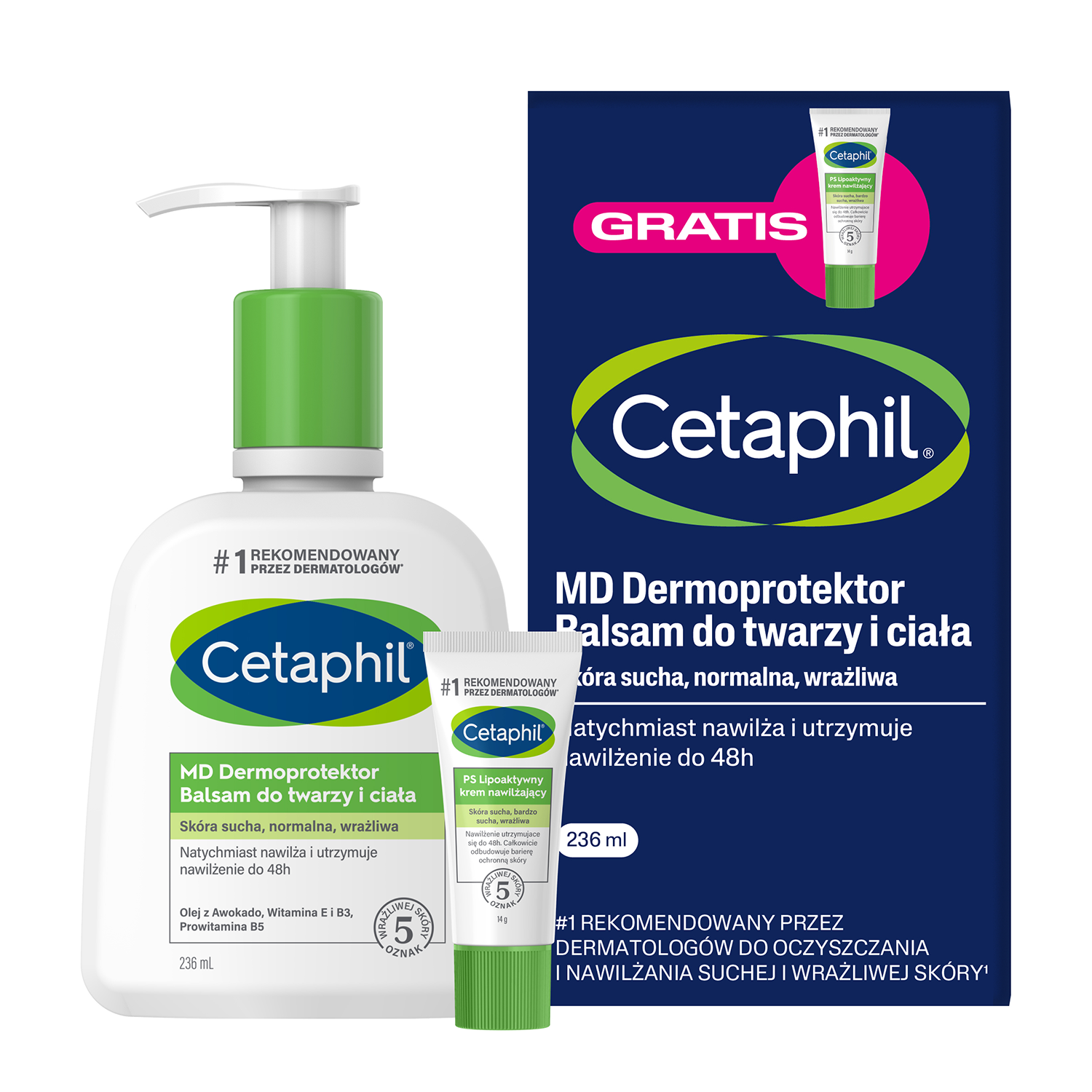 Cetaphil Cetaphil MD Dermoprotektor, balsam do twarzy i ciała, 236 ml + Cetaphil PS, lipoaktywny krem nawilżający, mini produkt, 14 g gratis