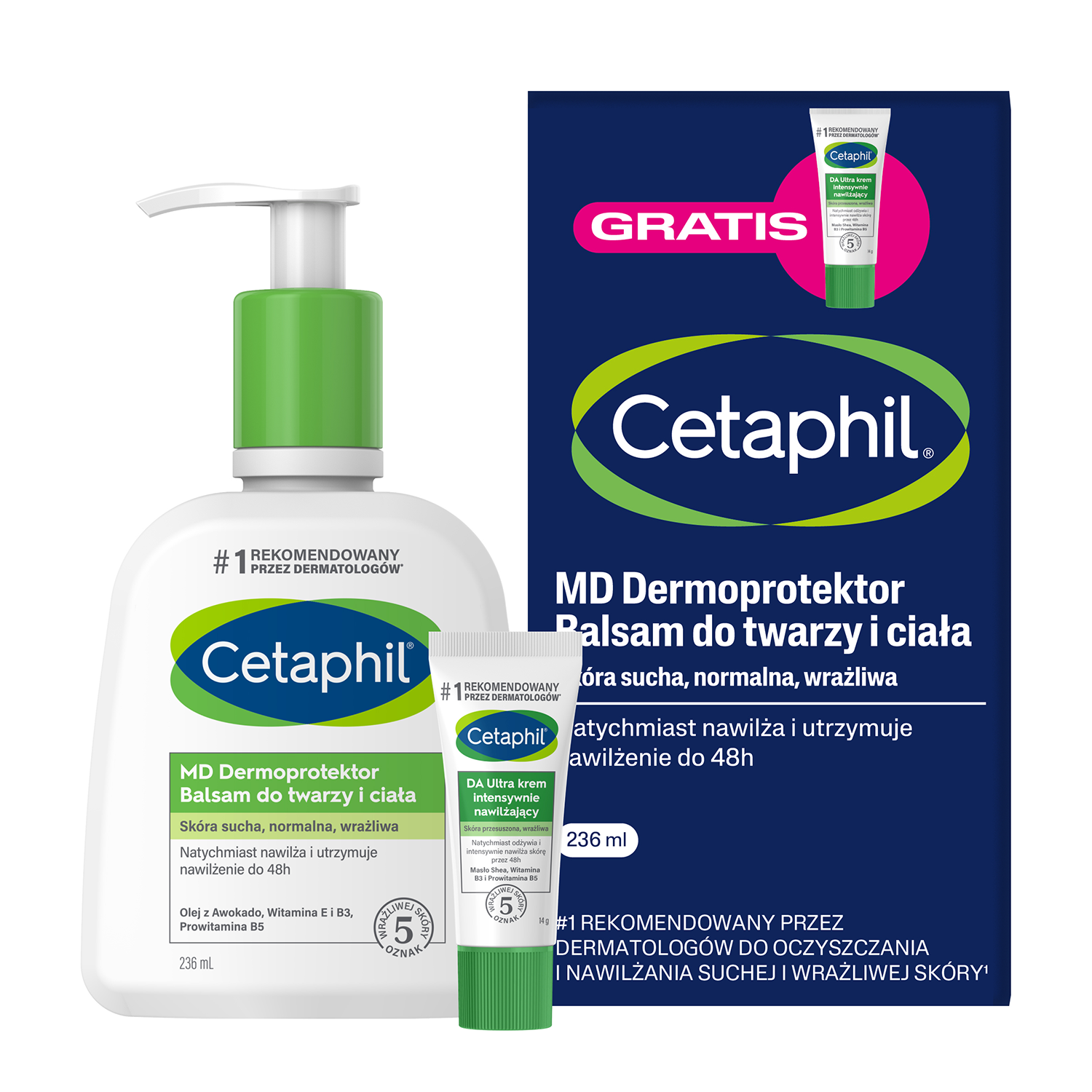 Cetaphil Cetaphil MD Dermoprotektor, balsam do twarzy i ciała, 236 ml + Cetaphil DA Ultra, krem intensywnie nawilżający, mini produkt, 14 g gratis