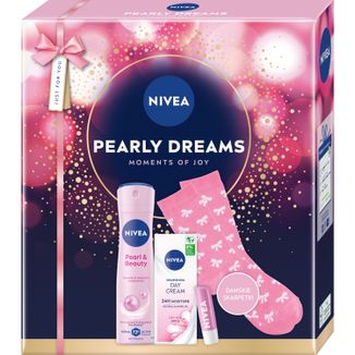 Zestaw Nivea Pearly Dreams, antyperspirant, 150 ml + krem na dzień, SPF 15, 50 ml + pomadka do ust, 4,8 g + skarpetki, 1 para Zestaw Nivea Pearly Dreams, antyperspirant, 150 ml + krem na dzień, SPF 15, 50 ml + pomadka do ust, 4,8 g + skarpetki, 1 para - zdjęcie produktu