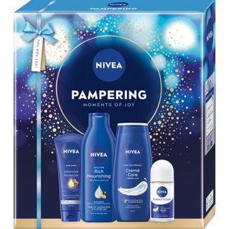 Zestaw Nivea Pampering, żel pod prysznic, 200 ml + dezodorant, roll-on, 50 ml + mleczko do ciała, 250 ml + krem do rąk, 100 ml Zestaw Nivea Pampering, żel pod prysznic, 200 ml + dezodorant, roll-on, 50 ml + mleczko do ciała, 250 ml + krem do rąk, 100 ml - zdjęcie produktu