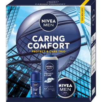 Zestaw Nivea Men Caring Comfort, żel pod prysznic 3w1, 250 ml + antyperspirant, roll-on, 50 ml + krem do ciała, twarzy i rąk, 100 ml - zdjęcie produktu
